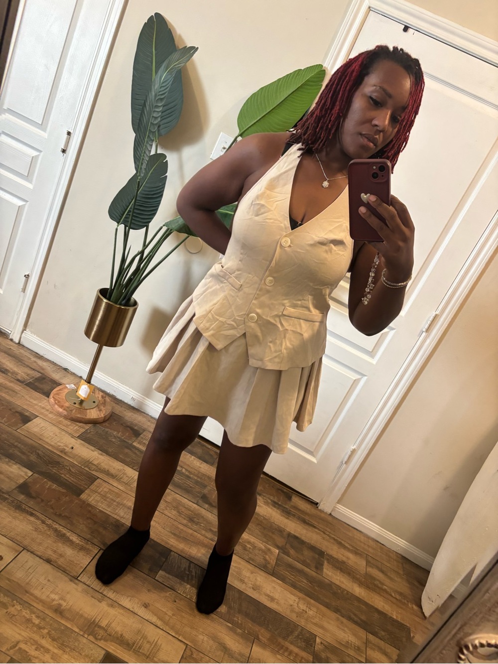 Sleeveless Cream Button Vest with Pleated Skirt Set